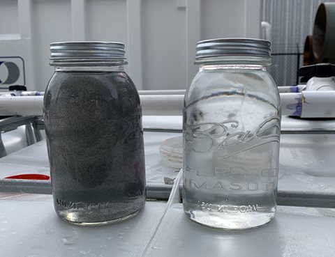 a jar of dirty, produced water next to a jar of treated, clean water
