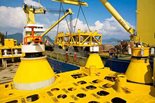 A view of the umbilical termination hub; umbilicals supply the subsea system with power, communications and control signals, chemicals and hydraulic fluid