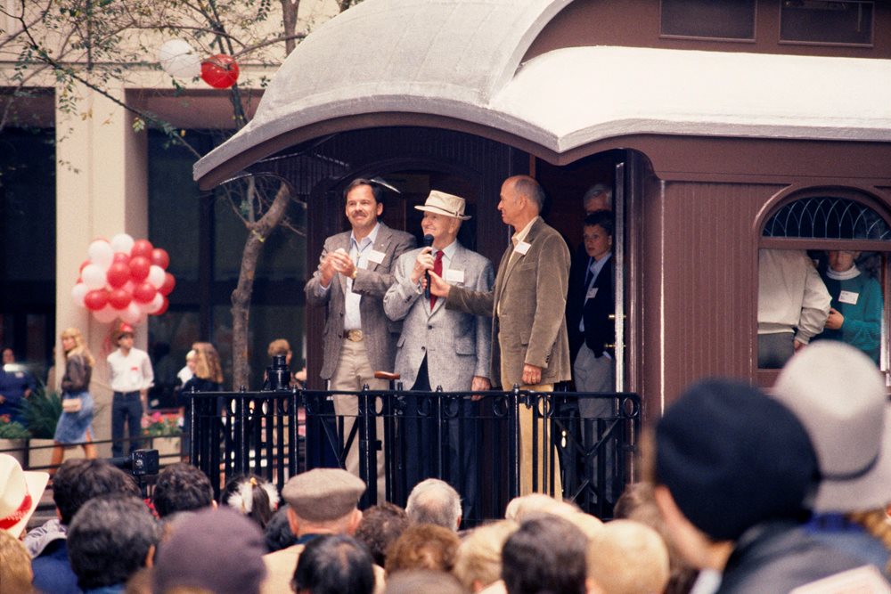 Riley, Steve Sr., and Steve Jr. on WaaTeeKaa for the railcar’s San Francisco unveiling, which celebrated the company’s 90th anniversary and the 88th birthday of Steve Sr. on September 24, 1988.
