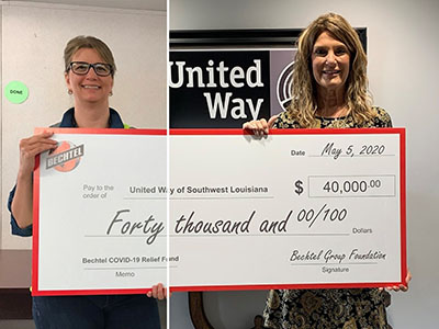 The $40,000 gift to United Way of Southwest Louisiana, presented by Bechtel’s Maurissa Douglas Rogers (left), funded emergency grants to help 52 families cover rent, insurance, and utility payments. 
