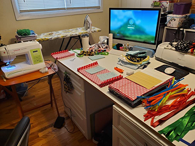 an at home work station where cloth masks are being made