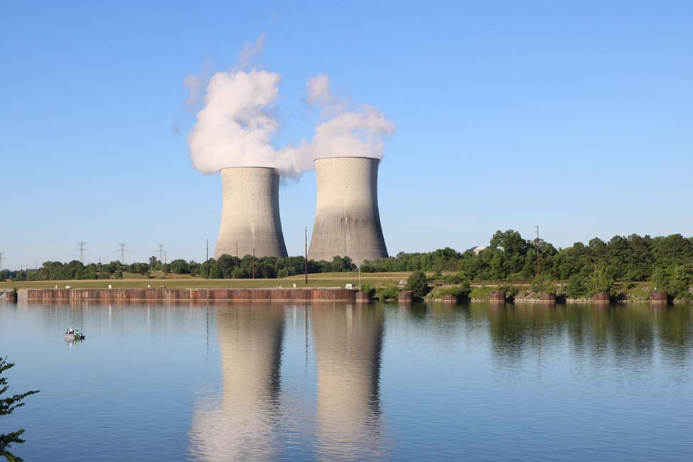water level view of two cooling towers