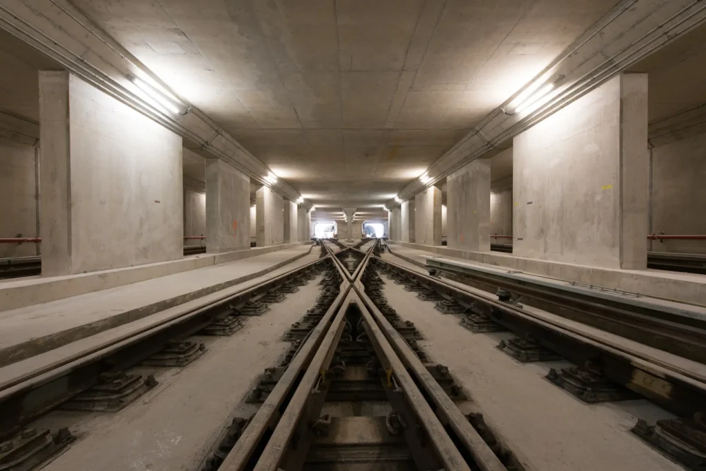 View of the crossover and track inside the subway under construction. subway, interior, rail, transit, Toronto York Spadina Subway Extension (TYSSE)