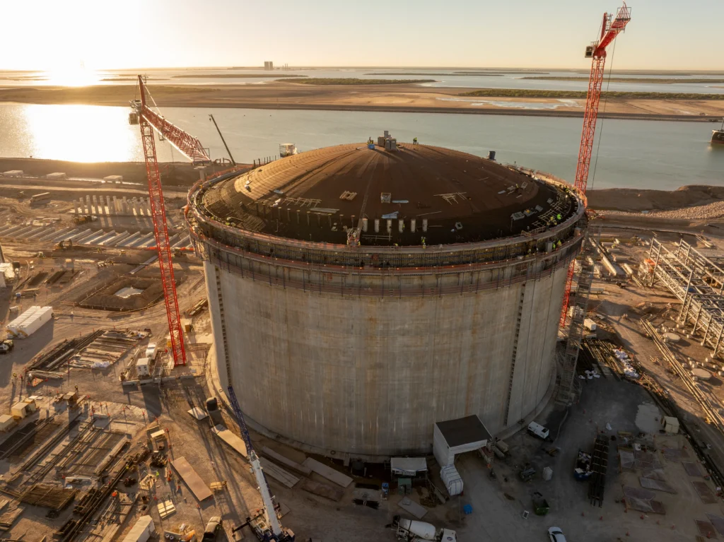 Aerial view of a liquified natural gas tank in the afternoon.