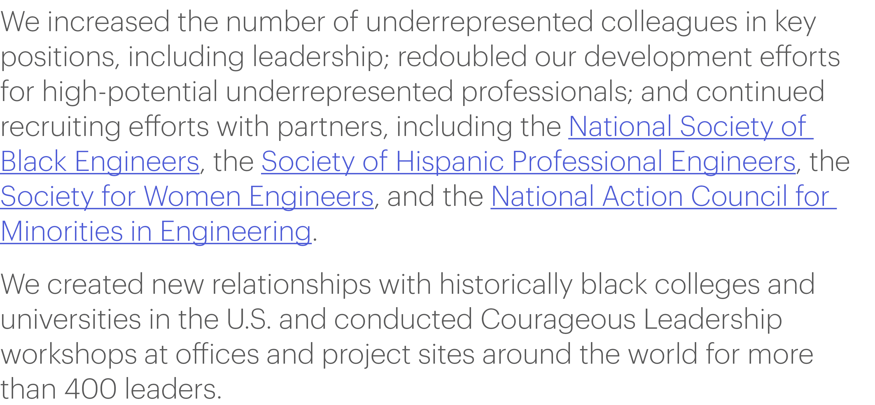 We increased the number of underrepresented colleagues in key positions, including leadership; redoubled our developm   
