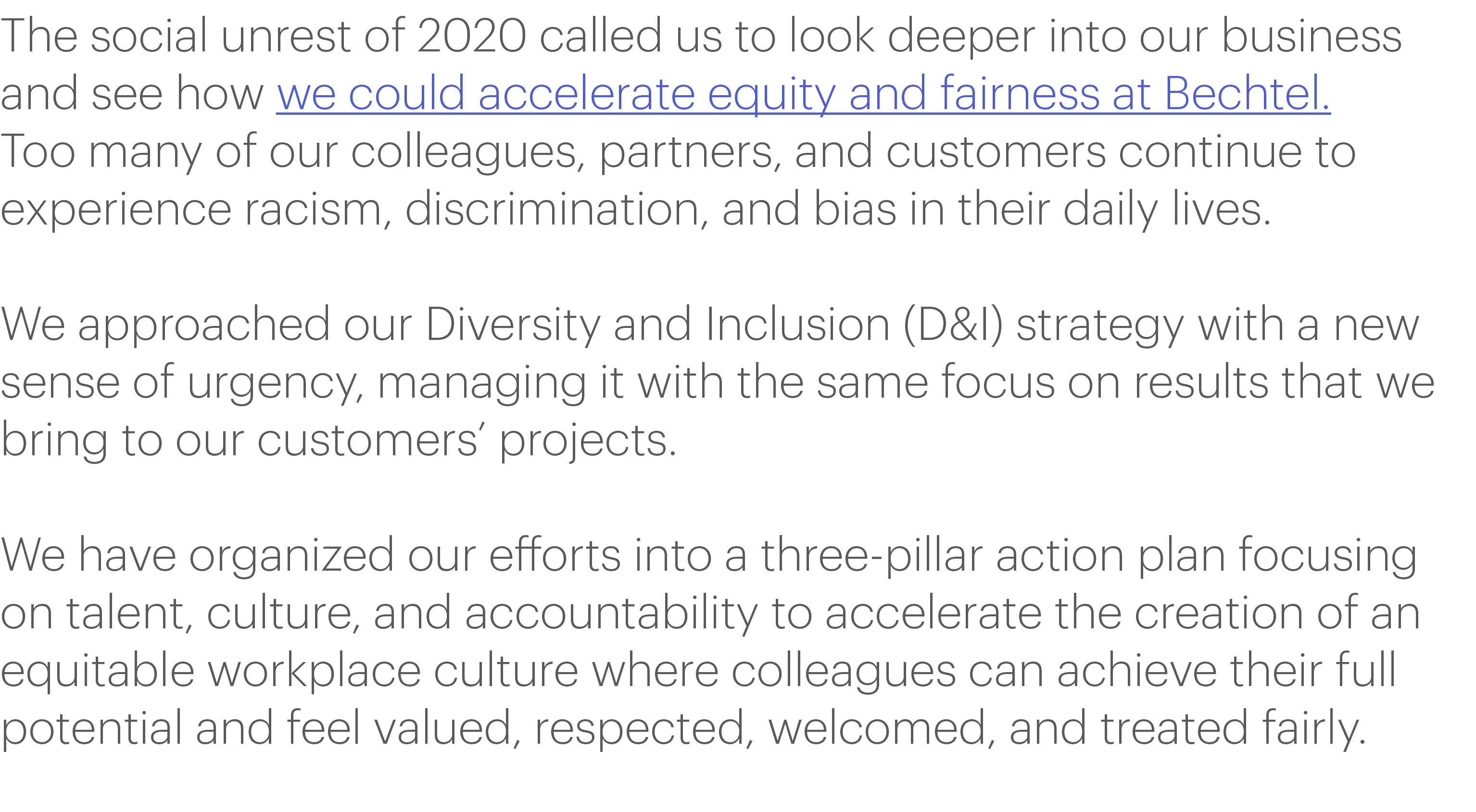 The social unrest of 2020 called us to look deeper into our business and see how we could accelerate equity and fairn   