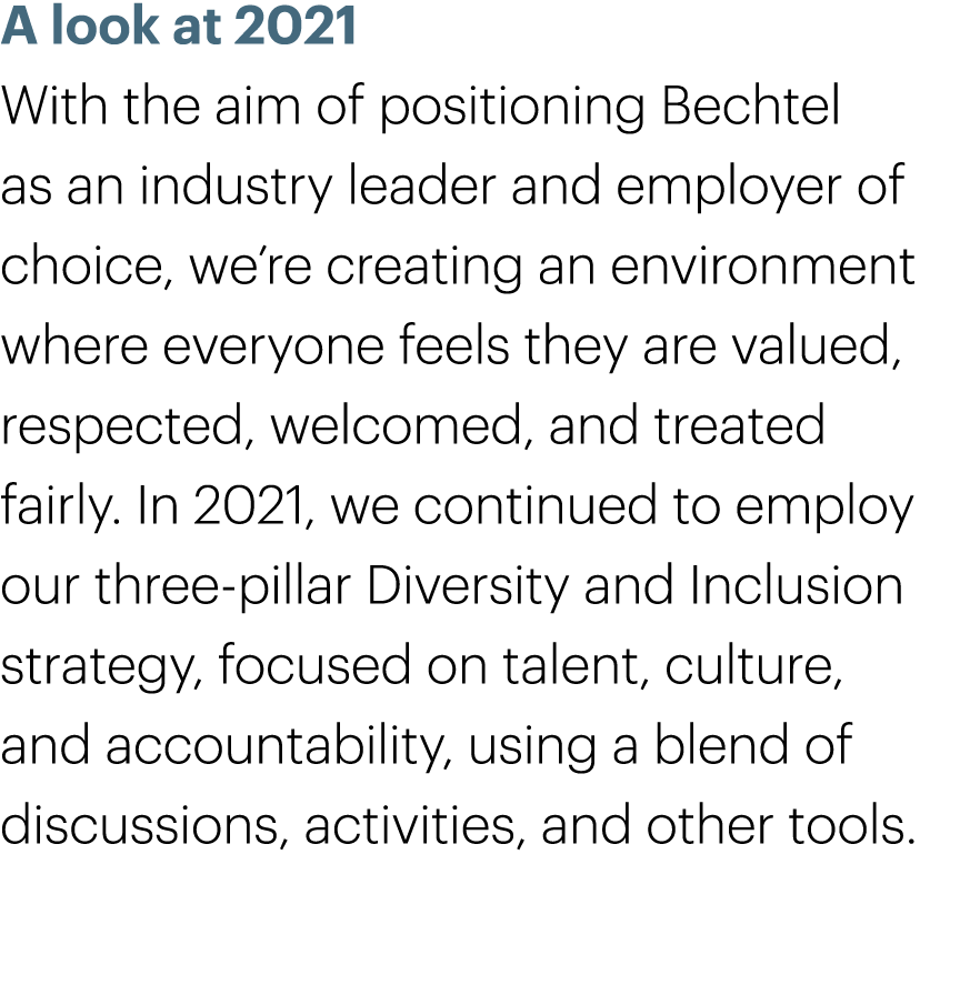 A look at 2021 With the aim of positioning Bechtel as an industry leader and employer of choice, we’re creating an en...