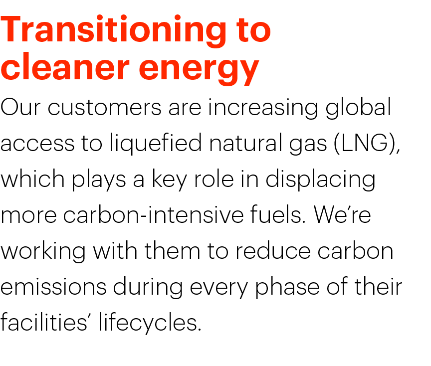 Transitioning to cleaner energy Our customers are increasing global access to liquefied natural gas (LNG), which play...