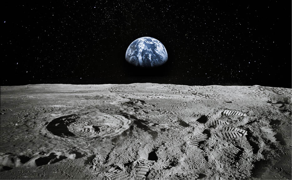View of Moon limb with Earth rising on the horizon. Footprints as an evidence of people being there or great forgery. Collage. Elements of this image furnished by NASA.