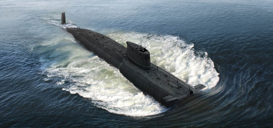 Naval submarine on the sea surface.