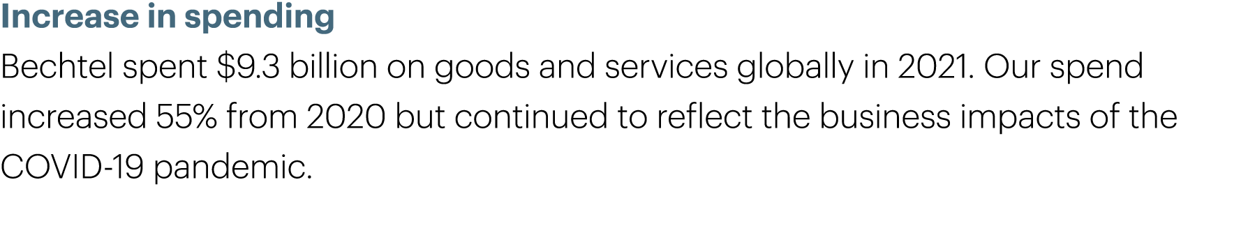 Increase in spending Bechtel spent $9.3 billion on goods and services globally in 2021. Our spend increased 55% from ...