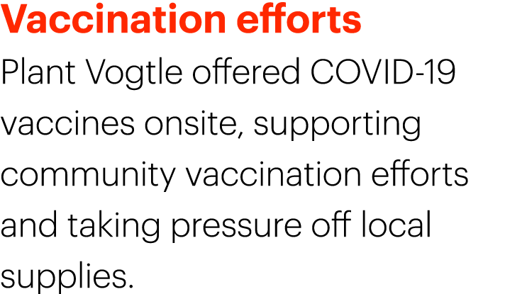 Vaccination efforts Plant Vogtle offered COVID-19 vaccines onsite, supporting community vaccination efforts and takin...