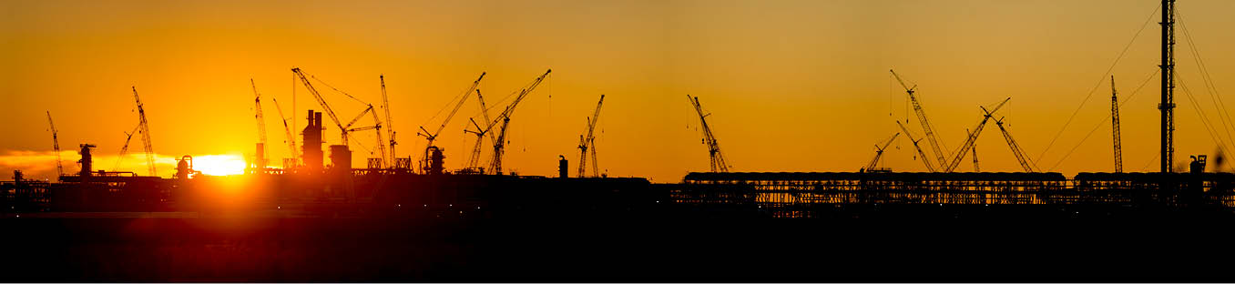 Panoramic sunset view of the Sabine Pass Liquefaction Project.